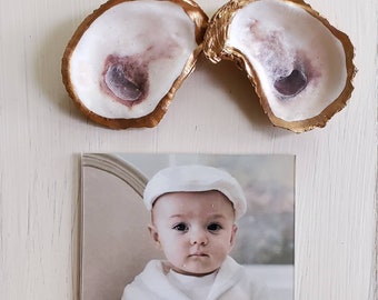 Oyster Shells With Gold Leaf on Handmade Wood Frame - Painted and Distressed Old White - Coastal - Gift - Beach For 4x6 Vertical Photo