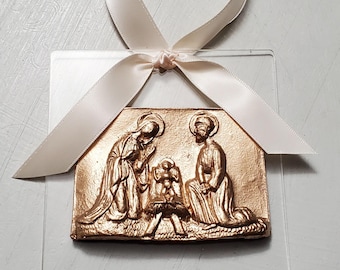 Nativity Holy Family Handmade Clay Ornament On Acrylic -Blessing - Hostess Gift - Holiday-Housewarming - Christmas.