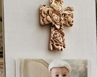 Oyster White Wood Photo Frame with Gold Leaf Flower Cross - 4x6