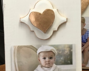 Frame With Gold Gilded Shaped Tile And Gold Leaf Heart 4x6 White Horizontal Photo Painted Christening Baby Gift Weddings Gift Hostess Gift