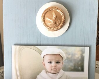 Handmade Wood Frame 4x6 Photo Painted Duck Egg Blue - With A Gold Leaf Dove of Peace Intaglio - Baby - Wedding - Christening - Baptism.