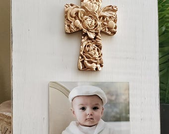 Handmade Oyster White Wood Photo Frame with Gold Leaf Flower Cross