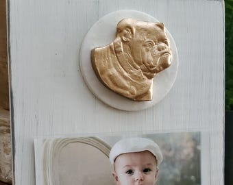 Handmade Distressed Wood Photo Frame: Gold Leaf Bulldog Intaglio