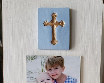 Handmade Frame With Gold Leaf Cross Blue Intaglio 4x6 Vertical Photo Boy Baby  Christening Gift.