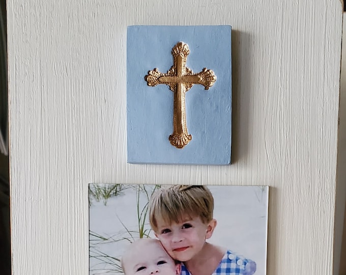 Featured listing image: Handmade 4x6 Photo Frame: Gold Leaf Cross, Blue Intaglio - Christening Gift