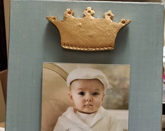 Handmade Wood Frame 4x6 Photo Painted Duck Egg Blue Distressed With A Gold Leaf Clay Crown - Wedding - Baby - Baptism - House Warming Gift.