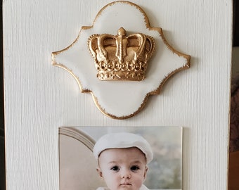 Handmade Frame with Gold Leaf Crown 4x6 Vertical Photo Baby, Wedding, Mardi Gras.