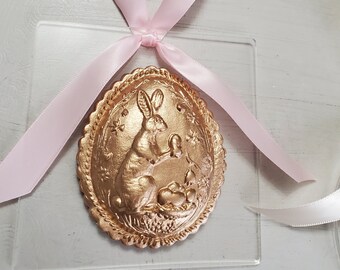 Gold Handmade Clay Ornament On Acrylic - Hostess Gift- Housewarming Gift - Easter- Rabbit - Baby Shower