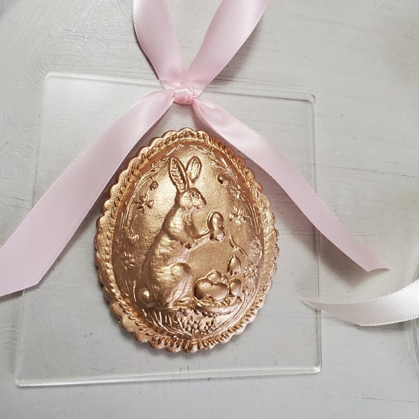 Gold Handmade Clay Ornament On Acrylic - Hostess Gift- Housewarming Gift - Easter- Rabbit - Baby Shower