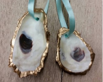 Oyster Shell Ornament With Gold Leaf, Wedding Favor, Gift Tag, Hostess Gift, Housewarmings, or Gift Exchange on a Blue Ribbon.