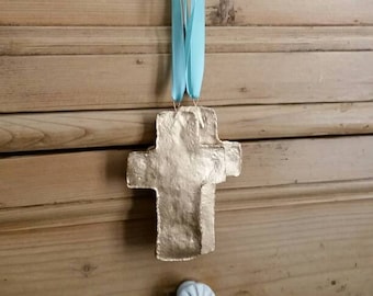 Gold Finish - Handmade Large Clay Hanging Cross - Ornaments Or Gift Tags - Hostess Gift- Housewarming- Blue Ribbon.