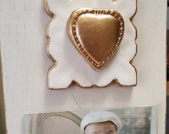 Frame With Gold Gilded Tile And Gold Heart 4x6 Horizontal Photo Painted Oyster White Christening Baby Gift Weddings Gift