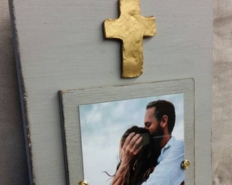 Cross With Gold Leaf on Handmade Wood Picture Frame - Painted and Distressed Gray - 5x7 Vertical Photo - Coastal - Gift - Beach.