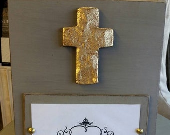 Handmade Wood Frame Painted French Linen Distressed With A Gold Leaf Cross - Wedding - Baby - Baptism - House Warming Gift.