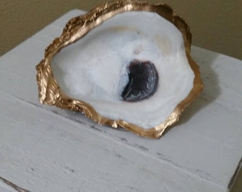 Wooden Box with Real Oyster Shell with Gold Leaf, Painted Distressed White - Jewelry Box, Storage - Handmade.