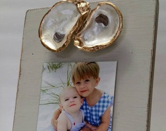 Oyster Shells With Gold Leaf on Handmade Wood Frame - Painted and Distressed Grey - Coastal - Gift - Beach For 4x6 Vertical Photo