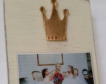 Handmade Wood Frame 4x6 Photo Painted Off White Distressed With A Gold Leaf Clay Crown - Wedding - Baby - Baptism - House Warming Gift.