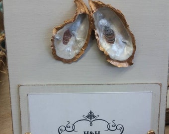 Oysters With Gold Leaf on Handmade Wood Picture Frame - Painted and Distressed Silver Mink - Coastal - Gift - Beach.