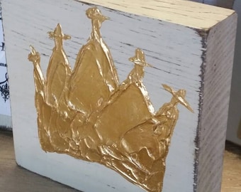 Handmade Gold Leaf Crown - On Wood Distressed White   Block - Gift For Loved One - Art Piece - House Warming Gift.