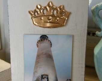 Handmade Wood Frame 4x6 Photo Painted Off White Distressed With A Gold Leaf Crown.