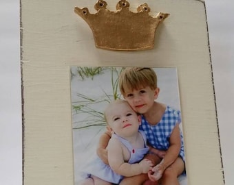 Handmade Wood Frame 4x6 Photo Painted Off White Distressed With A Gold Clay Crown - Wedding - Baby - Baptism - House Warming Gift.