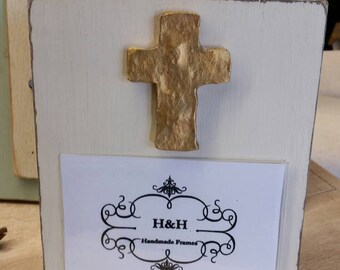 Handmade Wood Frame Painted Oyster White Distressed With A Gold Leaf Cross - Wedding - Baby - Baptism - House Warming Gift.