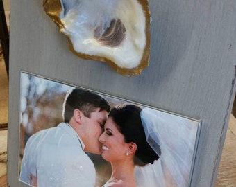 Oyster With Gold Leaf on Handmade Wood Frame - Painted and Distressed Grey - Coastal - Gift - Beach For 4x6 Photo.