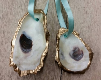 Oyster Shell With Gold Leaf - Wedding Favor, Gift Tag, Hostess Gift, Housewarming, or Gift Exchange With Blue Hanging Ribbon