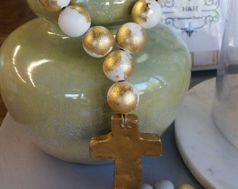 Blessing Beads Wood With Gold Leaf Handmade Clay  Cross -  Wedding Gift,  Baby Gift, Housewarming Gift, Bridal Shower Gift.