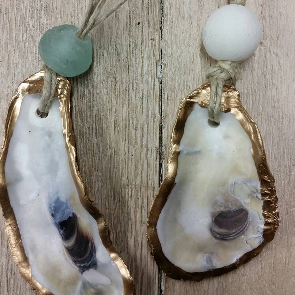 Oyster Shell Ornament With Gold Leaf And a Wood or Glass Bead - Christmas, Gift Tag, Hostess Gift, Housewarming, or Gift Exchange - Hanging