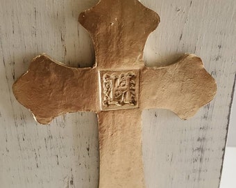Handmade Clay Gold Leaf Cross Personalized With Initial - On Wood Distressed White Block Gift For Loved One  Art Piece Baby or Wedding Gift