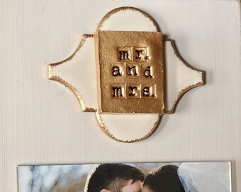 Gold Gilded Tile With Mr. And Mrs. Gold Tag Frame 4x6 Horizontal Photo Painted Oyster White Weddings Gift - Bridal Shower Gift