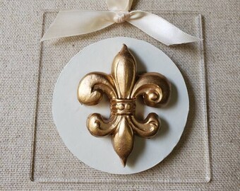 Hanging Intaglio Ornament on Acrylic - With Gold Fleur de lis - Christmas Gift - Mardi Gras - Blessing - Hostess Gift