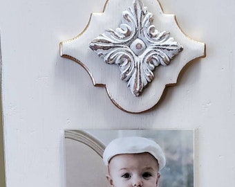 Gold Gilded Tile With Wood Distressed Deco 4x6 Vertical Photo Painted Oyster White Christening Baby Gift Weddings Gift