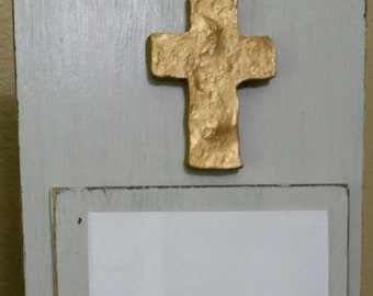 Cross With Gold Leaf on Handmade Wood Picture Frame - Painted and Distressed Gray - 5x7 Vertical Photo - Coastal - Gift - Beach.