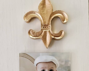 Handmade Wood Frame 4x6 Photo Painted Off White Distressed With A Gold Clay Crown or Other Design  - Wedding - Baby - Baptism - Mardi Gras