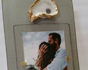 Oyster With Gold Leaf on Handmade Wood Picture Frame - Painted and Distressed Gray -5x7 Vertical Photo- Coastal - Gift - Beach.