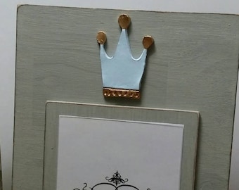 Crown With Gold Leaf on Handmade Wood Picture Frame - Painted and Distressed Franciscan Grey  - 5x7 Vertical Photo - Gift.