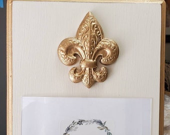 Gold Fleur-de-lis Frame 5x7 Photo Frame Painted Distessed Oyster White - Baby Gift- Wedding- Birthday- Hostess