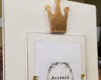 Crown With Gold Leaf on Handmade Wood Picture Frame - Painted and Distressed Oyster White - 5x7 Vertical Photo - Gift.