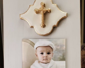 Frame With Gold Gilded Shaped Tile And Gold Cross 4x6 Vertical Photo Painted Silver Mink Grey -Christening - Baby Gift - Weddings Gift