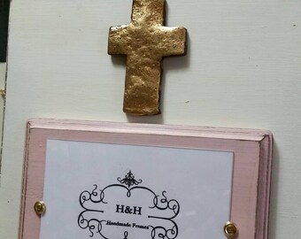 Handmade Wood Frame  - White and Pink Distressed aged finish with Gold Cross - Wedding - Baby - House Warming Gift.