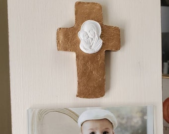 Large Gold Gilded Cross  With Mother and Child Intaglio 4x6 Horizontal Photo Painted Oyster White Christening - Baby Gift - Religious Gift.