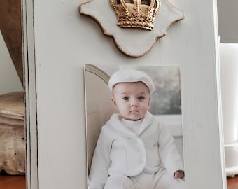 Handmade Frame with Gold Leaf Crown 4x6 Vertical Photo Baby Gift, Wedding, Mardi Gras.