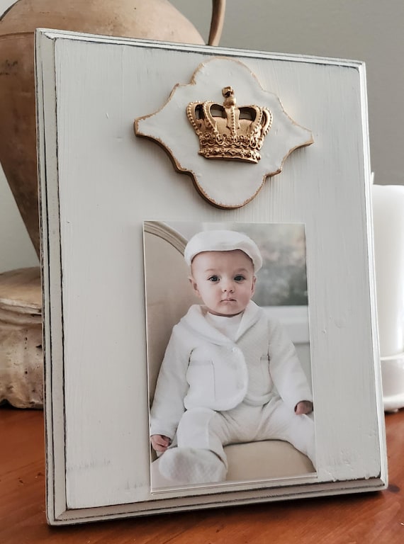Handmade Frame with Gold Leaf Crown 4x6 Vertical Photo Baby Gift, Wedding, Mardi Gras.