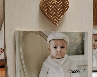 Handmade Wood Frame 4x6 Photo Painted Oyster White Distressed With A Gold Heart  With Design - Baby Gift - Baptism - Gift - Love - Valentine