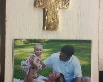 Handmade Wood Frame 4x6 Photo Painted Grey, Pink or White Distressed With A Gold Leaf Cross - Wedding - Baby - Baptism - House Warming Gift.