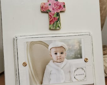 Handmade Distressed Wood Picture Frame: Oyster White with Cross Pink And Red Roses With Gold Leaf Edge Accents.