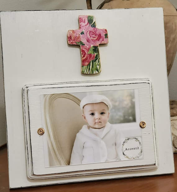 Handmade Distressed Wood Picture Frame: Oyster White with Cross Pink And Red Roses With Gold Leaf Edge Accents.