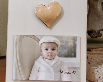 Handmade Wood Frame Painted Oyster White Distressed With A Gold Leaf Heart - Baby - Baptism - House Warming Gift or Just A Little Happy.